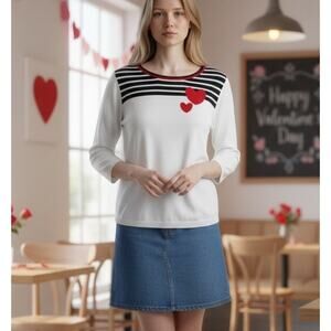 Kim Rogers Sweater Top White w/ Stripes Hearts SZ XL Cotton Valentines Nautical